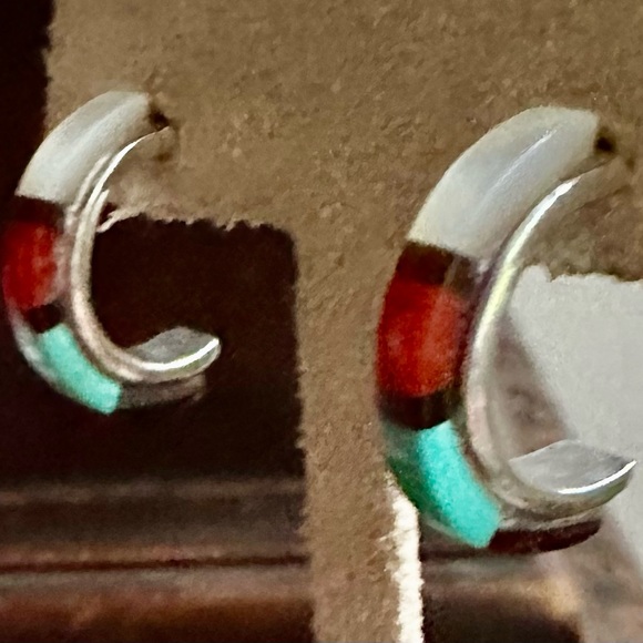 Native American QT multi stone sterling silver stud earrings stars and moons - Picture 5 of 9
